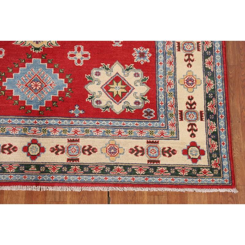 Red Geometric Kazak Oriental Area Rug Dining Room Handmade Wool Carpet - 5'6" x 7'10"