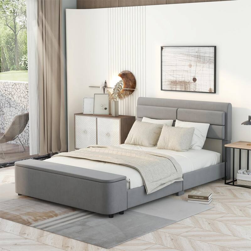 Grey Velvet Platform Bed with Adjustable Headrest Headboard and Storage