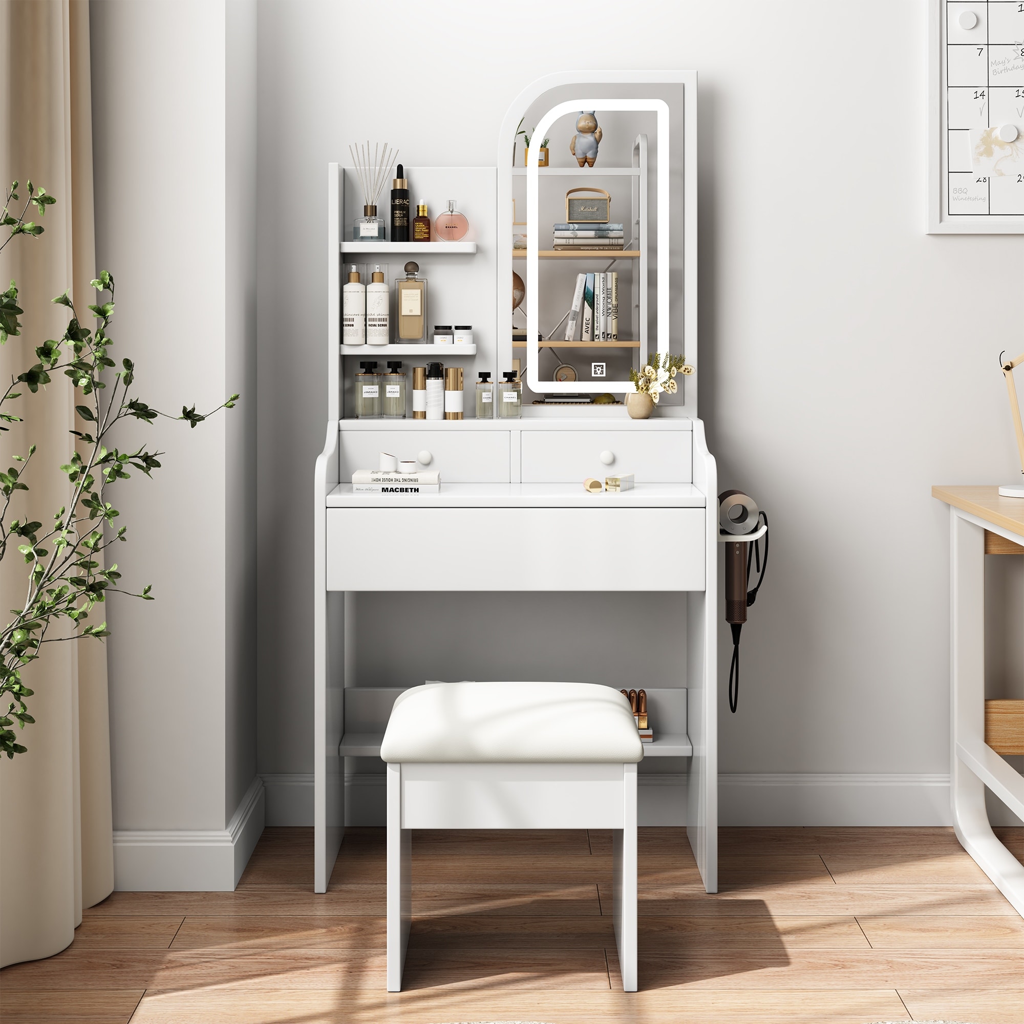 Vanity Table Set with 3 Drawers and Bench, Makeup Vanity Desk with Mirror and Lights, Dressing Table with Adjustable Light