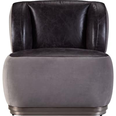 Leather and Velvet Accent Chair with Metal Base in Antique Slate and Gray