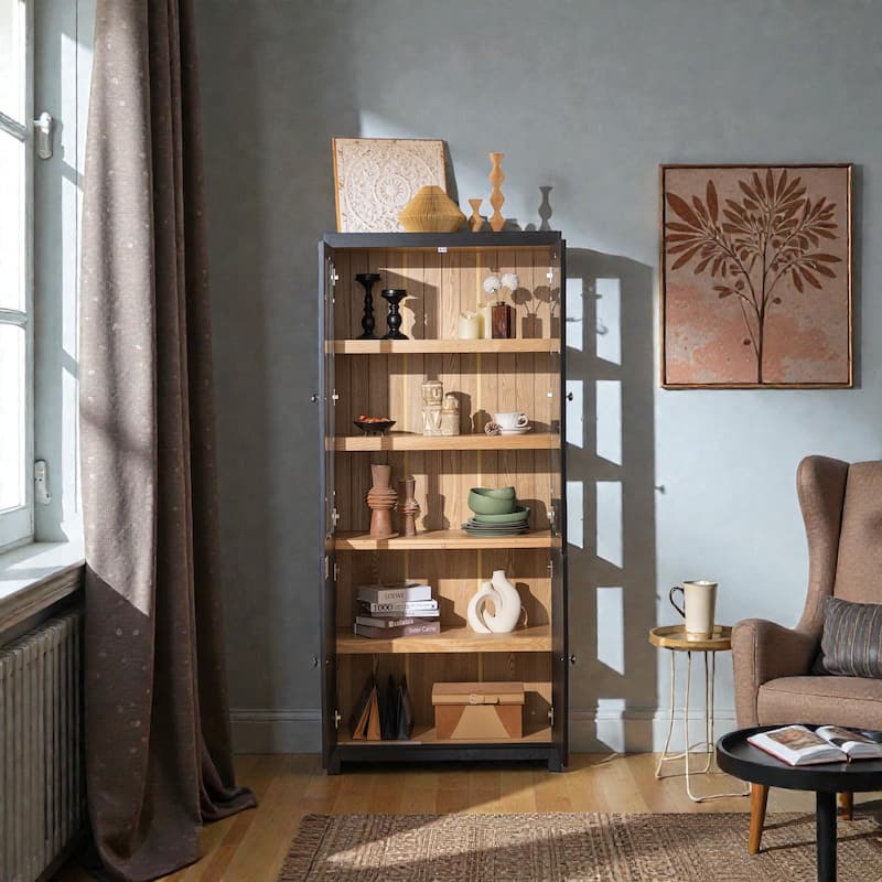 74.5'' Ash Wood Grain Display Cabinet with Glass Doors, Adjustable Shelves & Mid-Century Modern Bookcase for Living Room