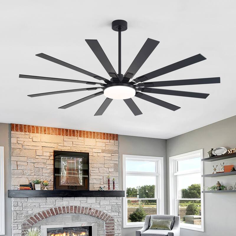 48"/52"/60"/72" Modern Black LED Ceiling Fan with Light Remote (3/5/6/8/12 Reversible Blades) - 72"-12-Blade