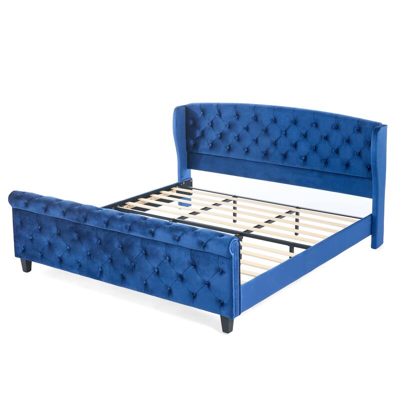 Christopher Knight Home - Amara Traditional Velvet Upholstered Sleigh Bed with Wingback Headboard & Scroll Footboard, King Size