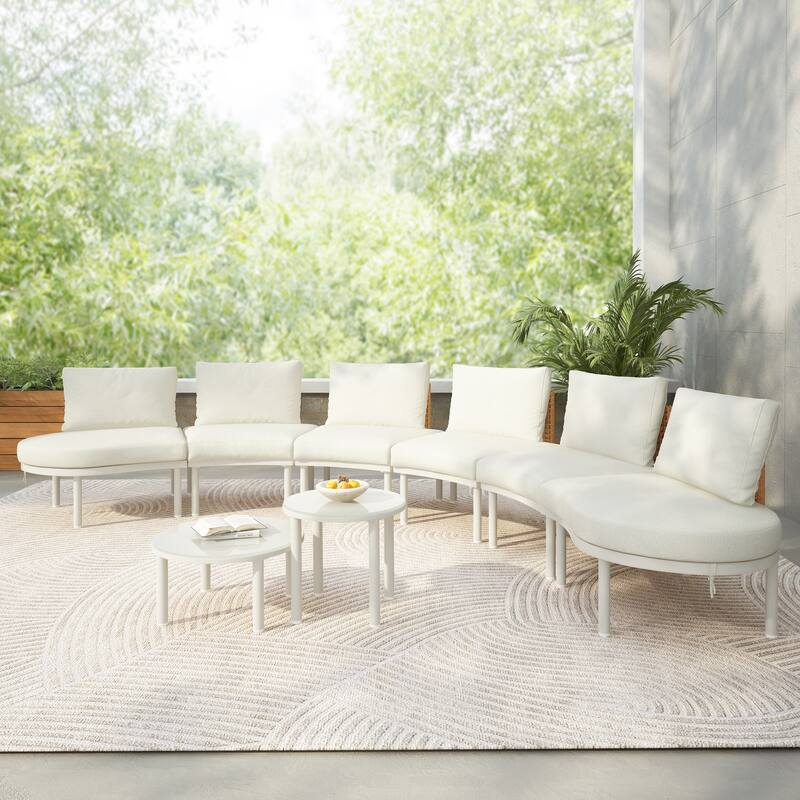8-Piece Patio Sofa Furniture Set, Half Moon Sectional Sofa with 2 High-Low Coffee Tables, 6 Pillows & Cushions - Beige