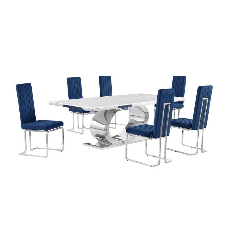 Best Quality Furniture D432/3-SC340-7 Dining Set with 87" White Marble Top