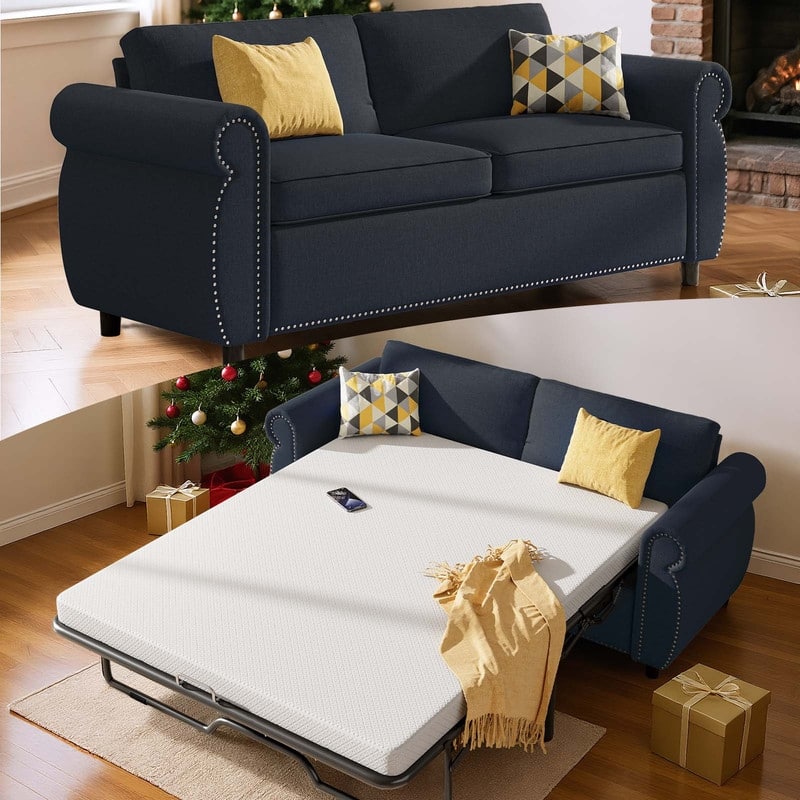 Mixoy Full/Queen Size Pull Out 2 in 1 Sleeper Sofa Bed with Mattress,Convertible Upholstered Loveseat with Nailhead - Queen Size - Grey