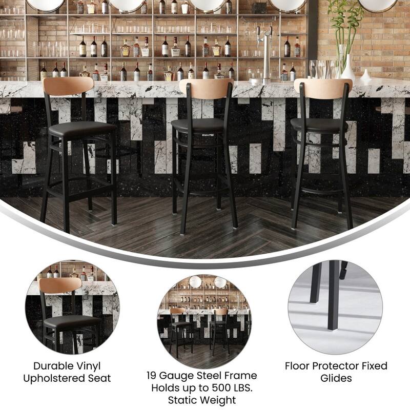 Commercial Metal Barstool with Wood Seat and Boomerang Back