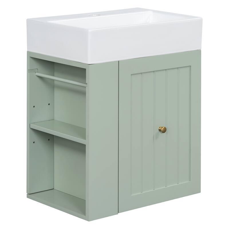 20 Inch Wall-mounted Bathroom Vanity with Ceramic Sink, Floating Bathroom Vanity Cabinet with Side Shelf for Small Bathrooms