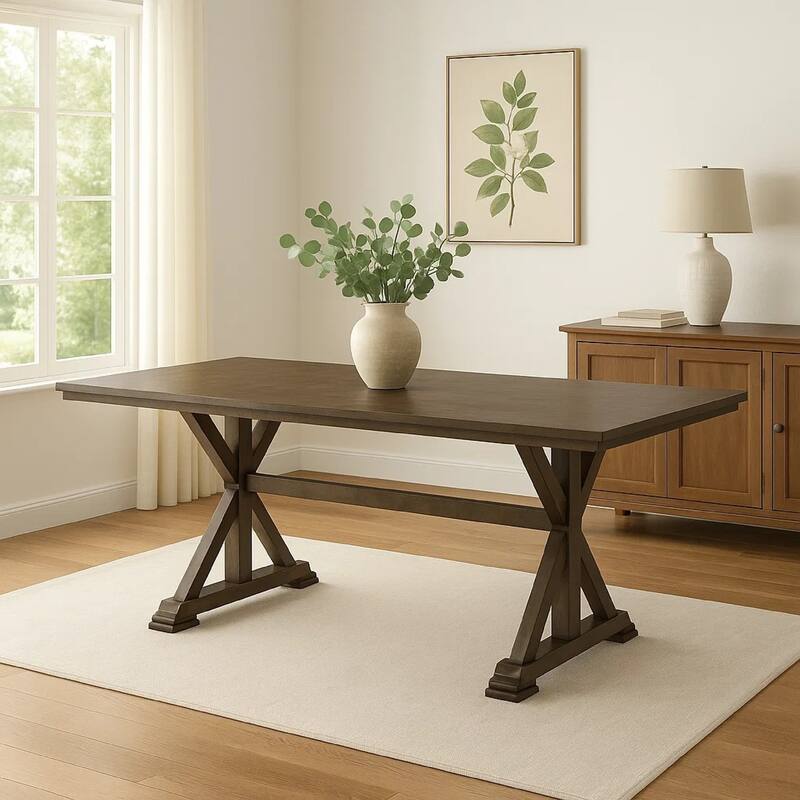 Omal Dining Table, 79 Inch Brown Wood Tabletop, X Shaped Legs - Brownish Khaki