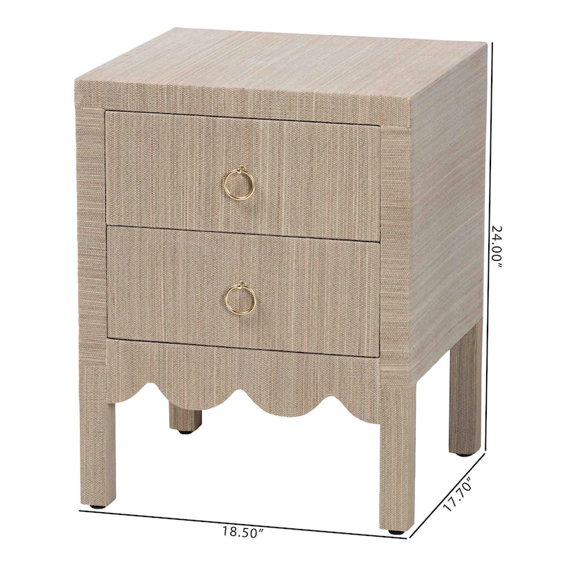 Juniper Grasscloth Nightstand with Scalloped Base - Woven Texture 2-Drawer Bedside Table with Gold Ring Pulls