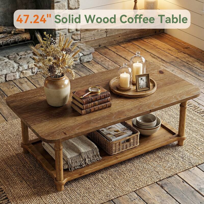47" Rectangle Coffee Table, Solid Wood Center Table with 2-Tier Storage