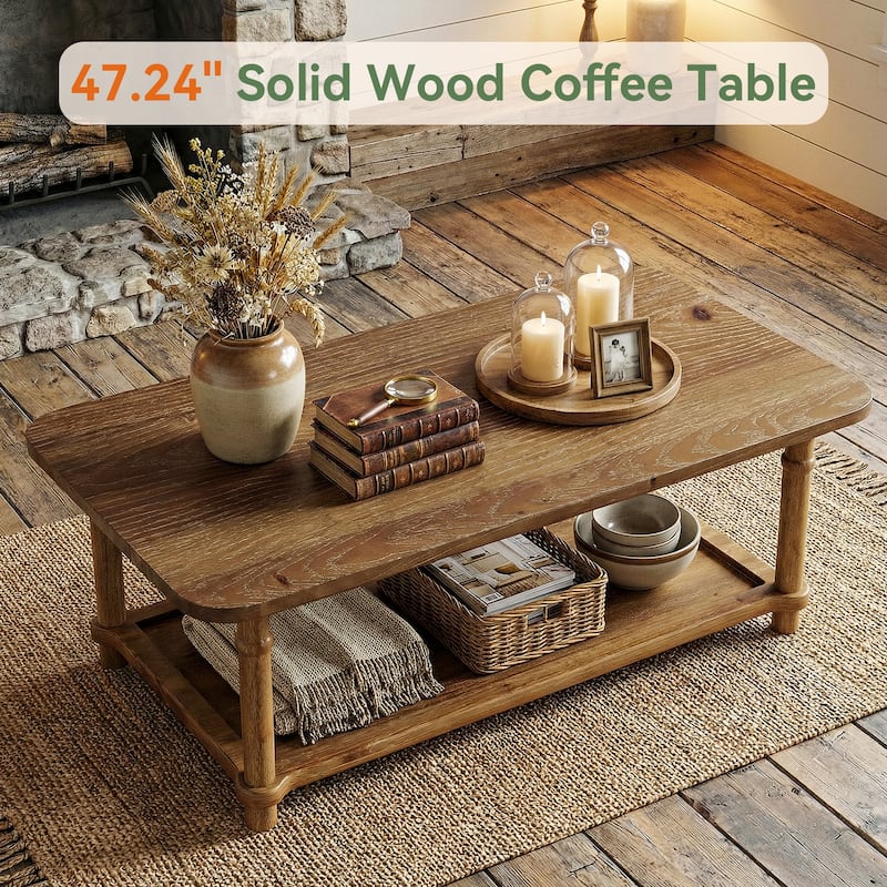 47" Rectangle Coffee Table with Storage Shlef, Solid Wood, Turned Leg