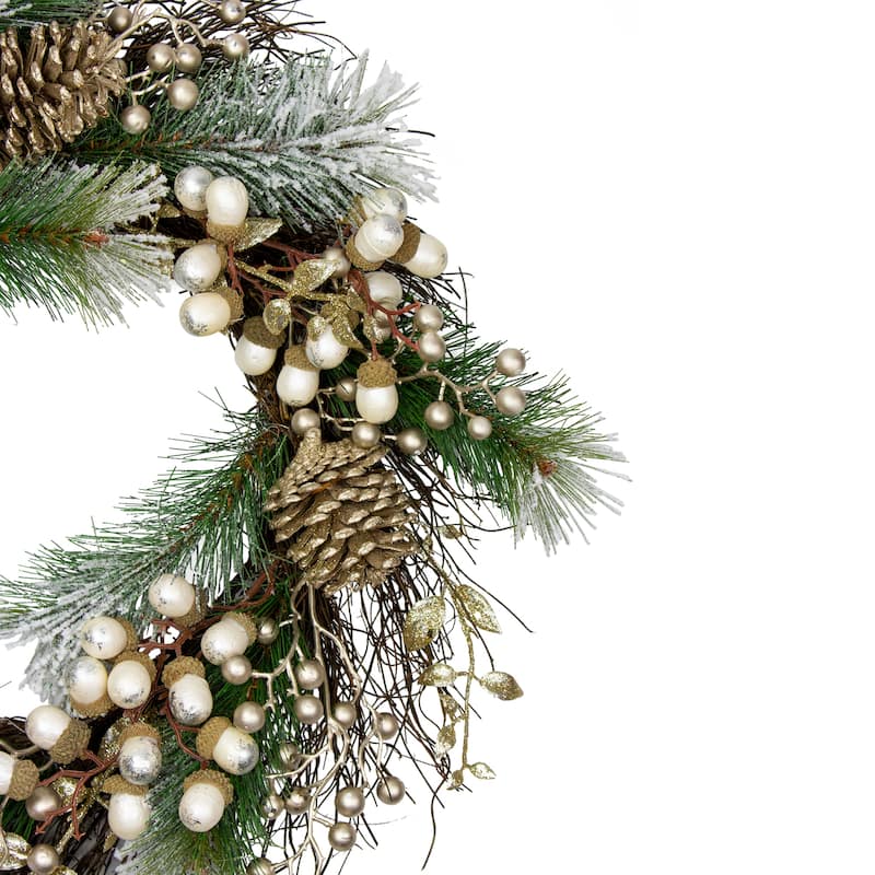 Acorn and Pine Cone Flocked Pine Needle Artificial Christmas Wreath - 22-Inch Unlit - 22"