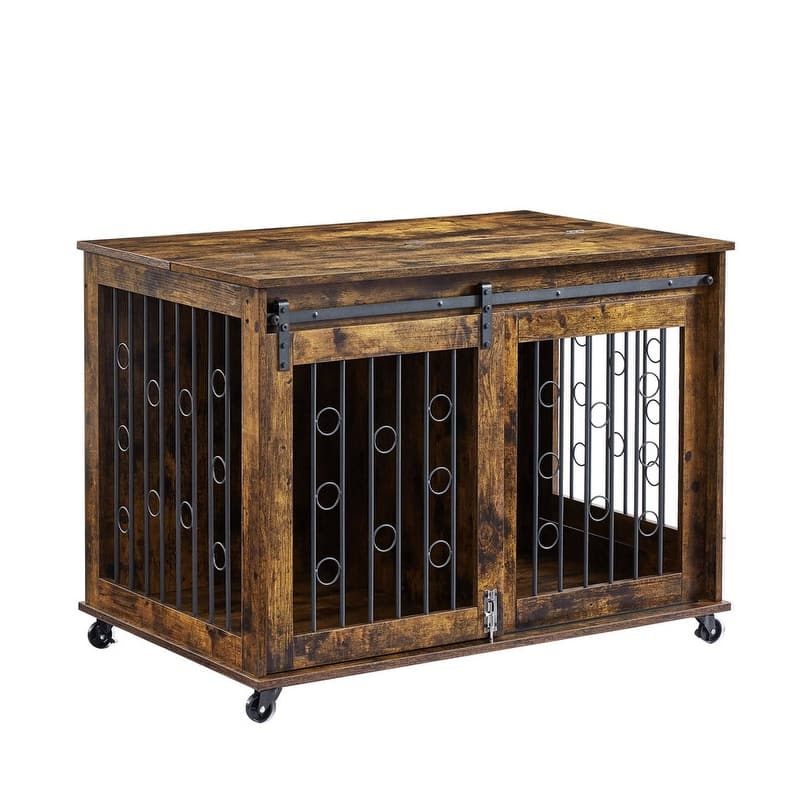 Sliding Barn Door Dog Crate Furniture with Flip-top Plate