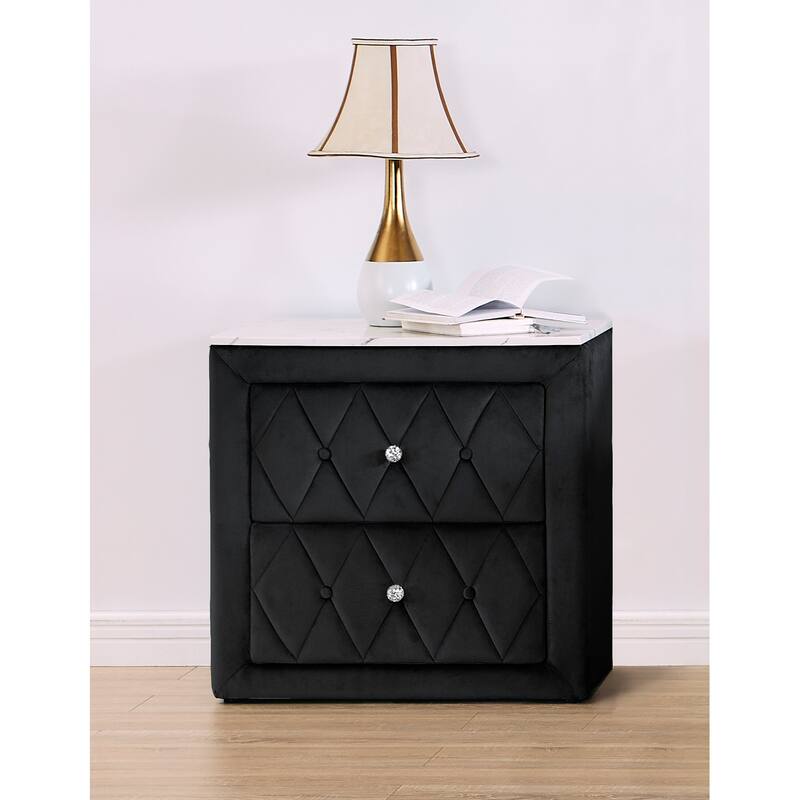 1pc Black Nightstand Upholstery Fabric Faux Marble Top Two Storage Drawers Wooden Bedroom Furniture - Black