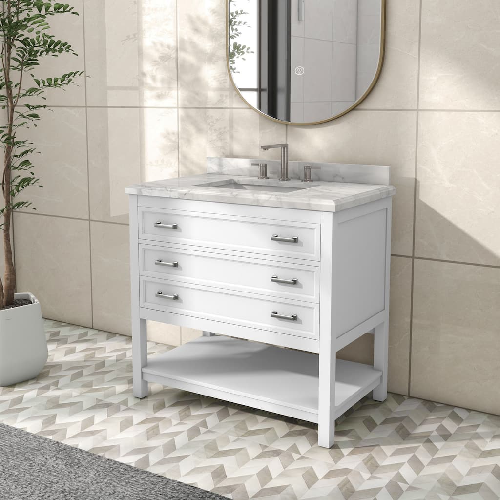 Furniture of America Anya 37" Single Bathroom Vanity with White Carrera Marble Top and Undermount Sink