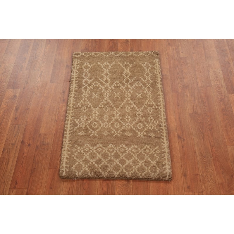 Geometric Moroccan Oriental Foyer Rug Handmade Brown Wool Carpet - 2'0"x 3'0"