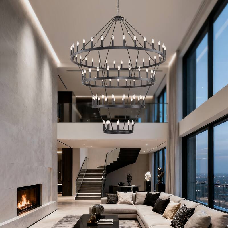 70.87INCH Tiers Wagon Wheel Chandelier Farmhouse 60-Light, Gold Color Metal 4-Story Light Fixtures Adjustable Height E12