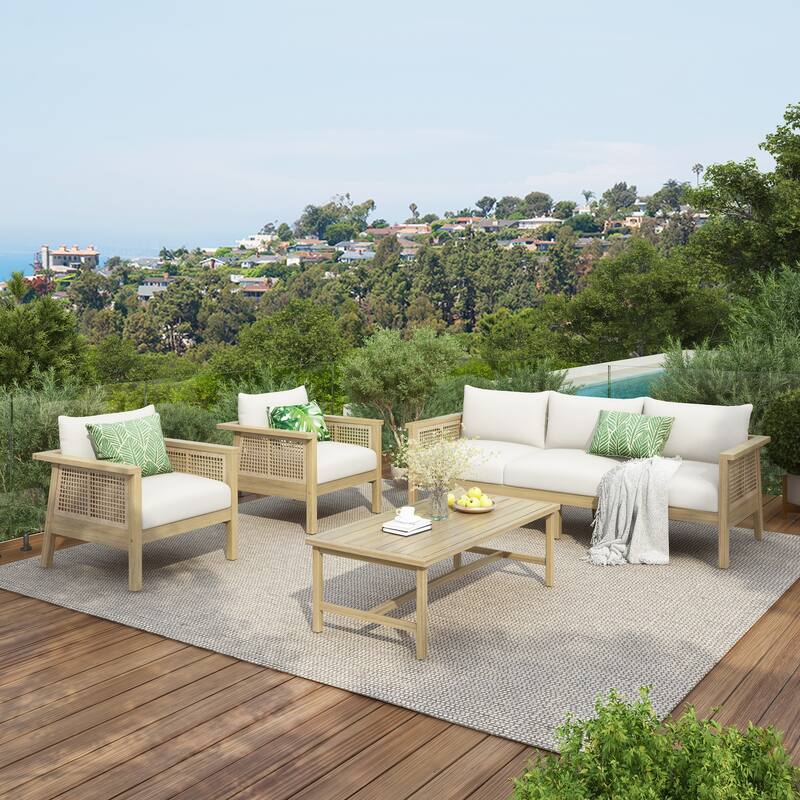 Christopher Knight Home - Solace 4- Piece Solid Wood & PE Wicker Outdoor Patio Conversation Set - Light Teak + Cream Cushion