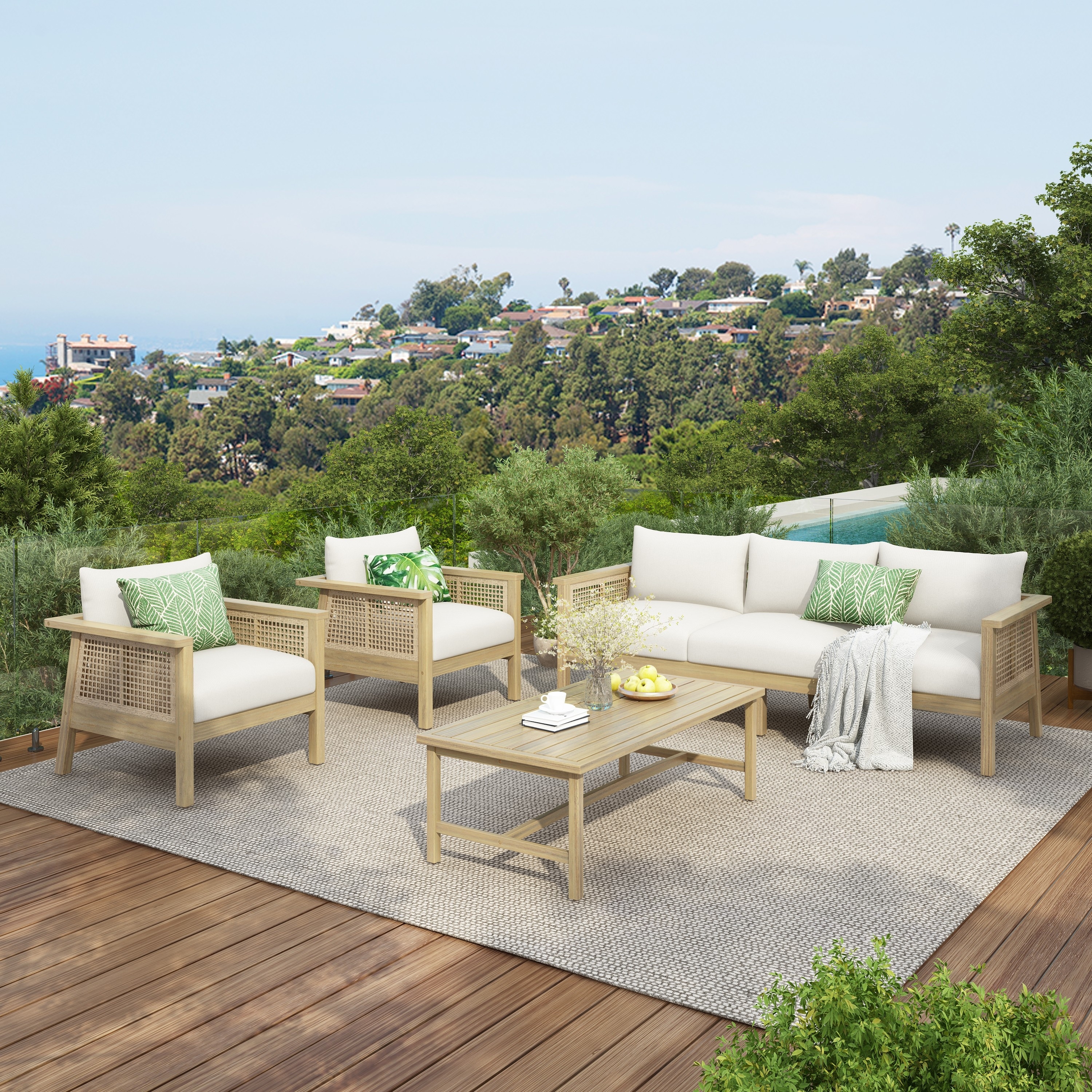 Christopher Knight Home - Solace 4- Piece Solid Wood & PE Wicker Outdoor Patio Conversation Set
