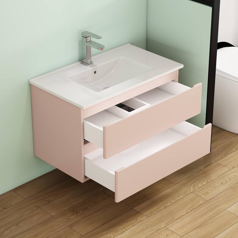 32 Inch Floating Bathroom Vanity with One-piece Ceramic Sink, Wall Mounted Cabinet with 2 Drawers