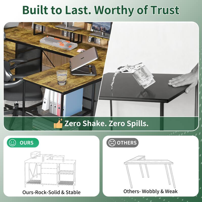Anmytek Rustic Industrial L Shaped Desk with Power Outlets USB C 6 Fabric Drawers 3 Open Shelves Movable Monitor Stands