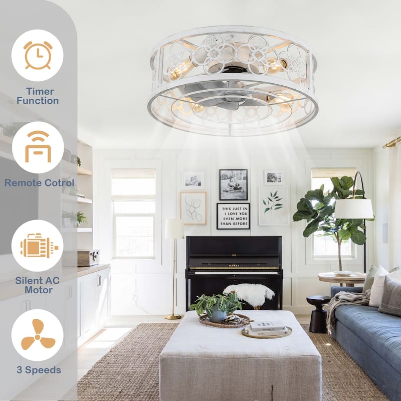 Cusp Barn 20-In Retro Distressed White Ceiling Fan, Farmhouse Rustic Flush Mount Low Profile Caged Fandelier for Bedroom