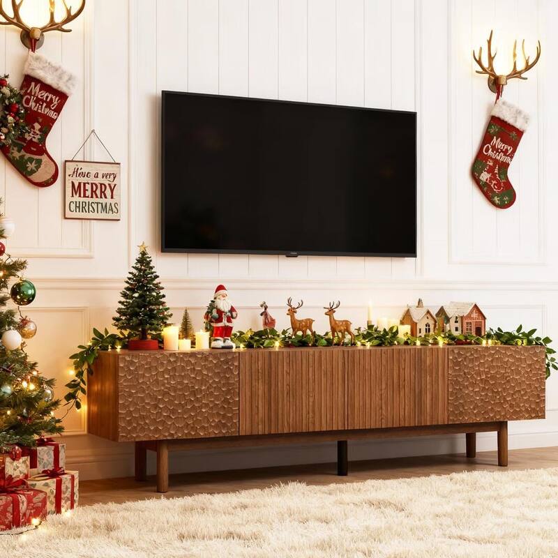 86.6'' Modern Wood TV Stand with Textured Doors & Storage, Media Console for Living Room & Bedroom, Fits TVs up to 90''
