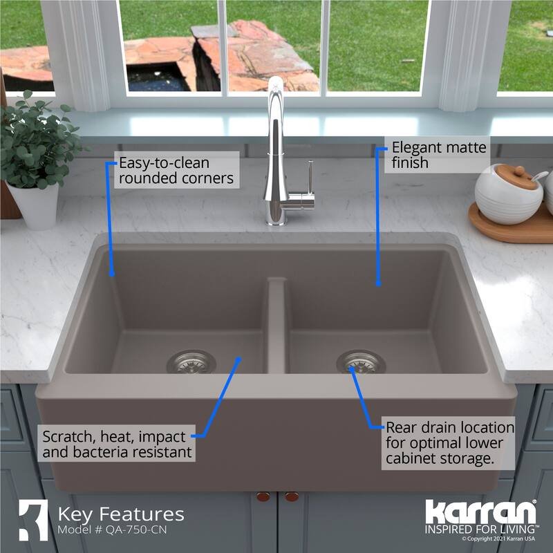 Karran Farmhouse Apron Front Quartz Double Bowl Kitchen Sink Kit