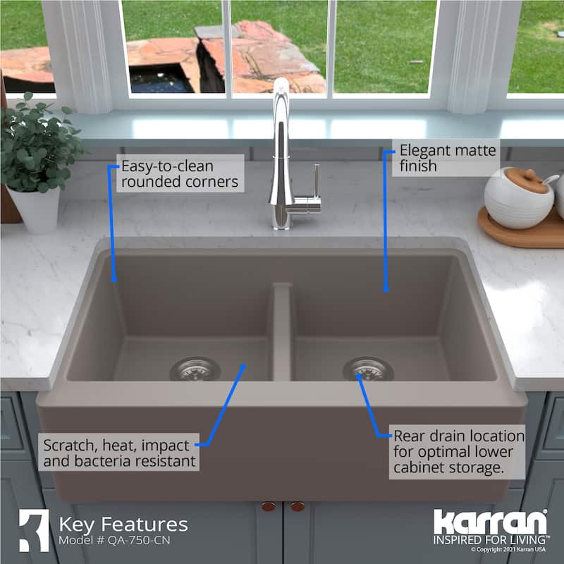 Karran Farmhouse Apron Front Quartz Double Bowl Kitchen Sink