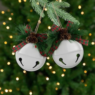 Jingle Bells with Pinecone Bows Disc Christmas Ornaments - 5" - White - Set of 2