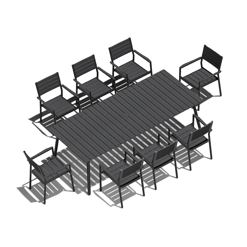 9-Piece Aluminum Outdoor Patio Dining Set with Umbrella Hole and Stackable Chairs - Black