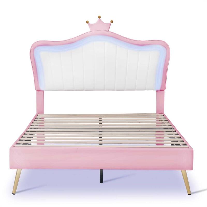 Princess Upholstered Bed Frame with LED Lights and Crown Headboard