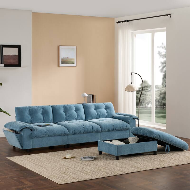 Chenille Tufted L-Shape Sectional Sofa with Storage Ottoman, Pockets and All-in-one Armrest with Dual-Port Charging, Cup Holder - Light Blue