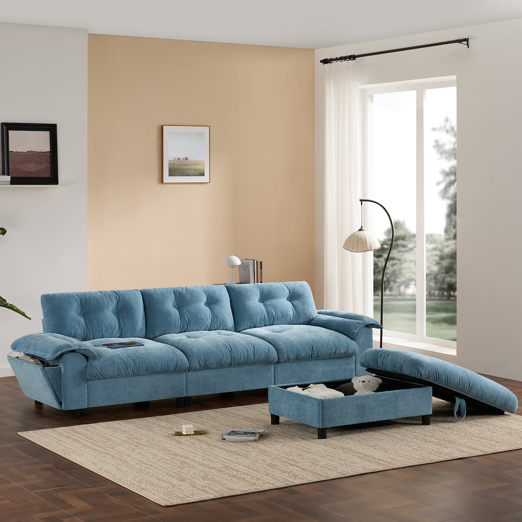 Chenille Tufted L-Shape Sectional Sofa with Storage Ottoman, Pockets and All-in-one Armrest with Dual-Port Charging, Cup Holder