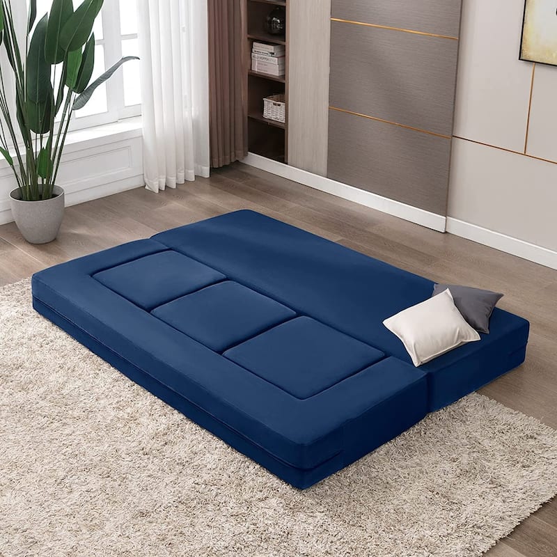 Mixoy Queen Convertible Velvet Futon Sofa Bed with 3 Ottomans,Memory Foam,Foldable Mattress Floor Couch Sofa