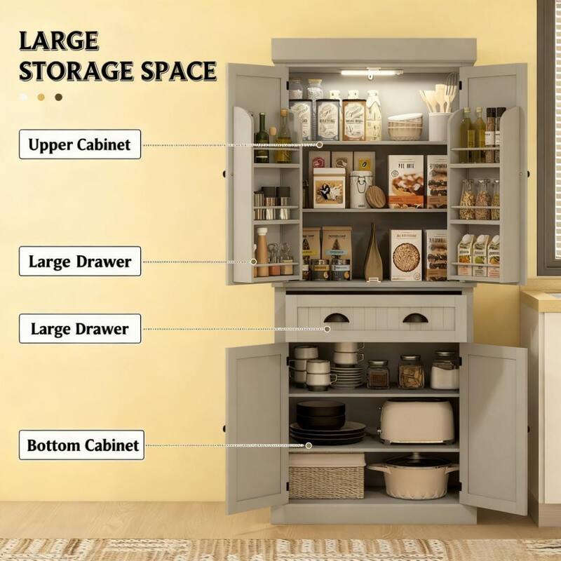 Nordic Style Kitchen Pantry with LED Lights, 6 Door Shelves, Drawer & 4 Adjustable Shelves