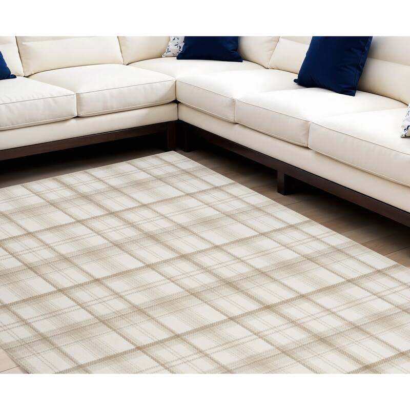 HomeRootsPlaid Contemporary Rectangle Area Rug - 118' X '94' X '0.5 - 118' X '94' X '0.5 - Beige/Ivory