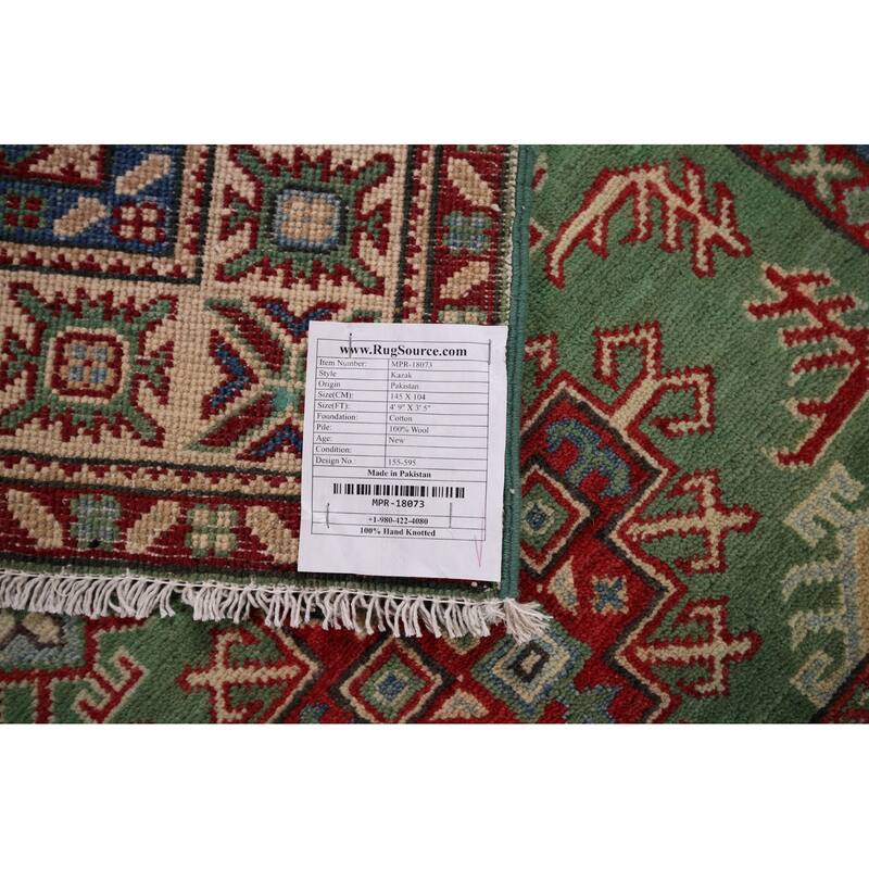 Green Kazak Accent Rug Hand-Knotted Wool Carpet - 3'5" x 4'9"