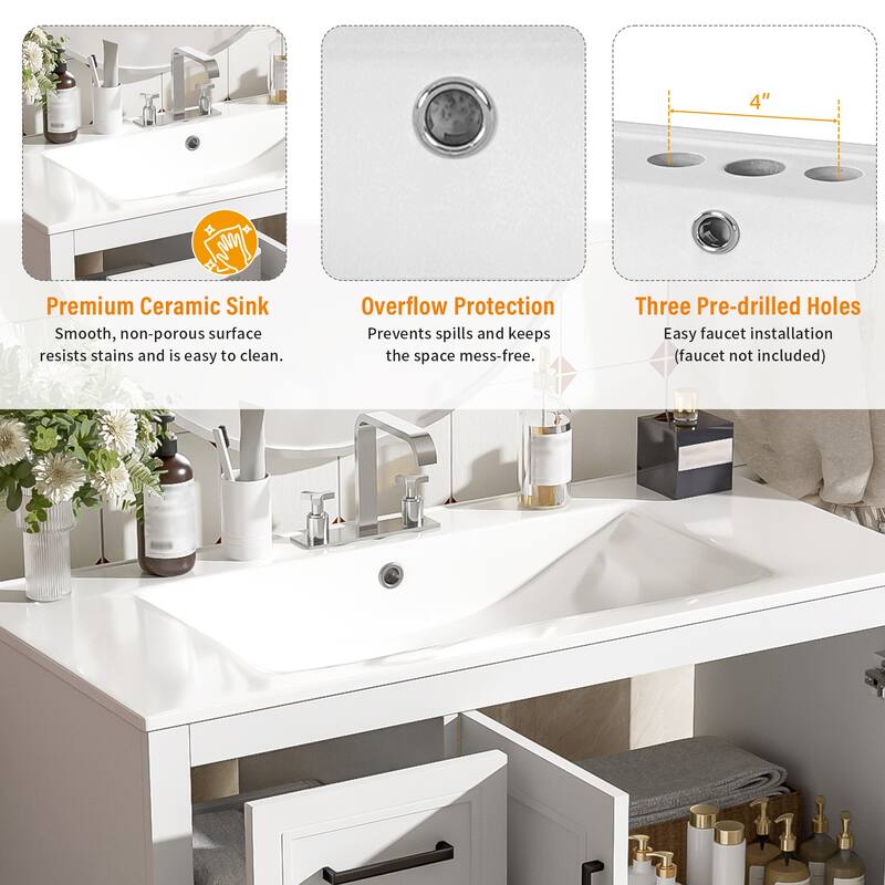 36" Modern Bathroom Vanity with Ceramic Sink, Soft-Close Door, Adjustable Shelf & 3 Drawers, Ample Storage