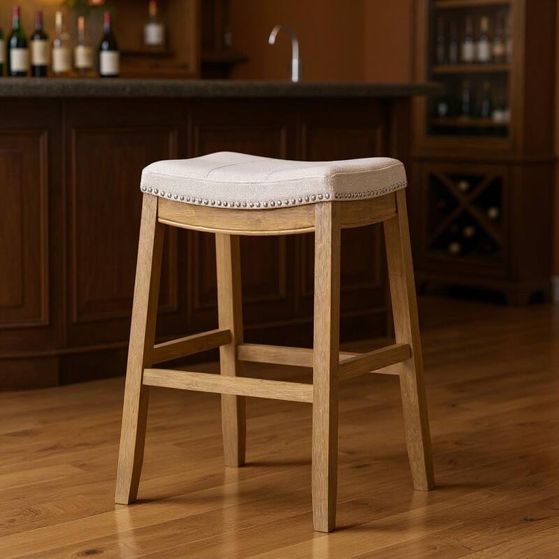 HomeRoots 31" Bone and Natural Faux Leather and Solid Wood Backless Bar Height Bar Chair - Bar Height - Bone - Single