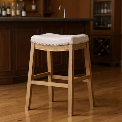 HomeRoots 31" Bone and Natural Faux Leather and Solid Wood Backless Bar Height Bar Chair