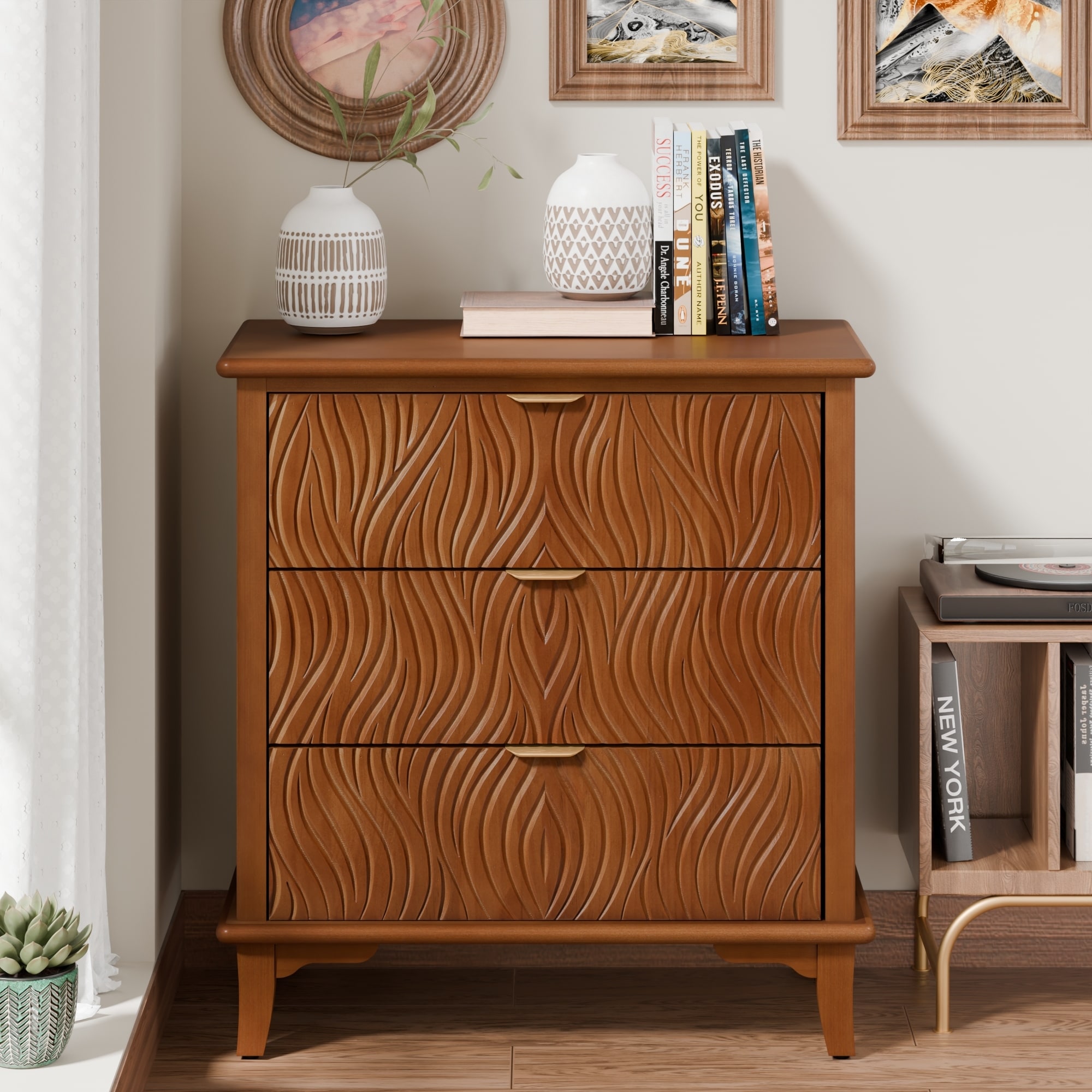 COZAYH Farmhouse Dresser, Accent Wooden Storage Cabinet with Sculpted Wave Drawer Fronts