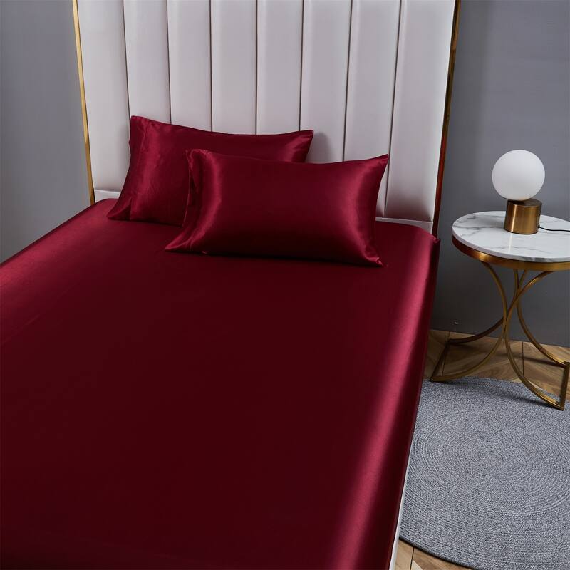 Silky Satin Bed Sheets Set Pillowcase Deep Pocket Flat Fitted Sheet
