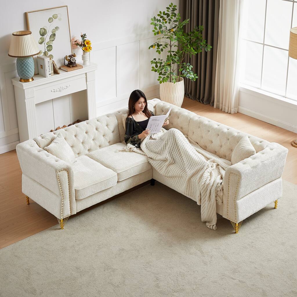 Beige 81.5" Chenille L-Shaped 5-Seater Sofa with Cushions