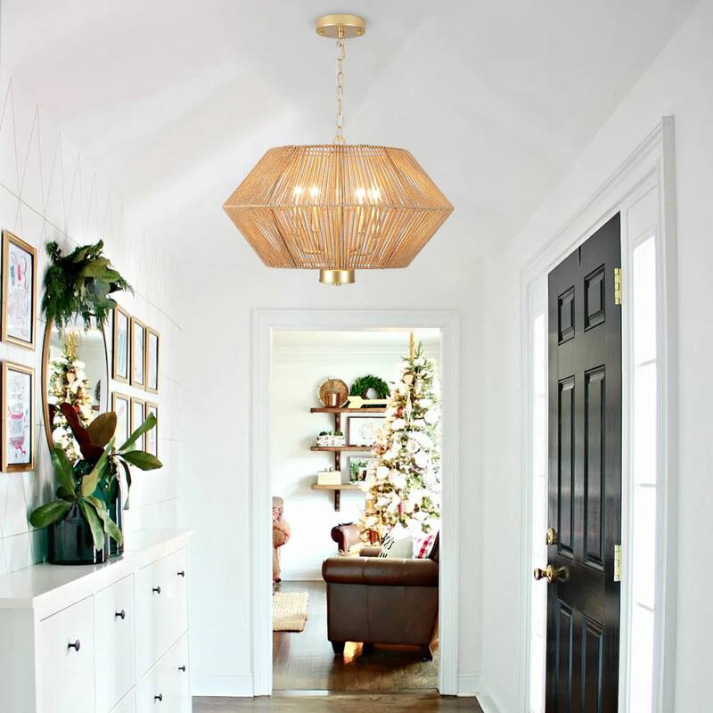 4-Light Dimmable Pendant Light, Paper Rattan Lampshade Candle Chandelier for Living Room with no bulbs included