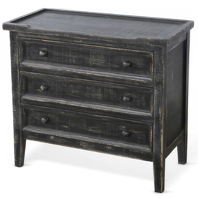 Rena Side End Table with 3 Drawers, 28 Inch Rustic Black Mahogany Wood