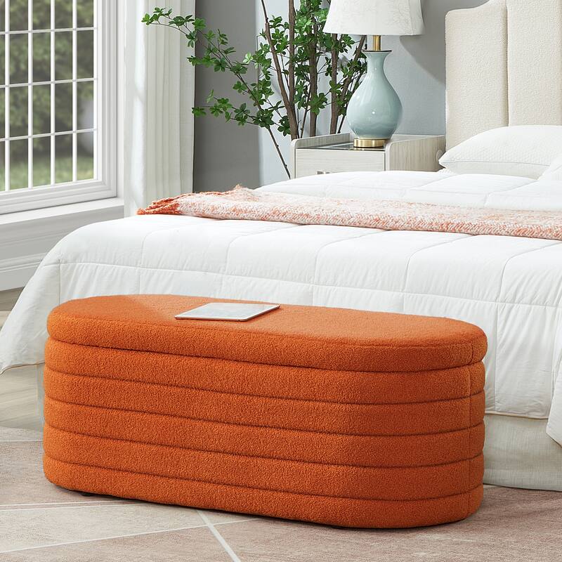 Modern Oval Storage Ottoman Bench,Boucle Teddy Fabric End of Bed Bench with Storage,End of Bed Stool with Safety Hinge - Orange