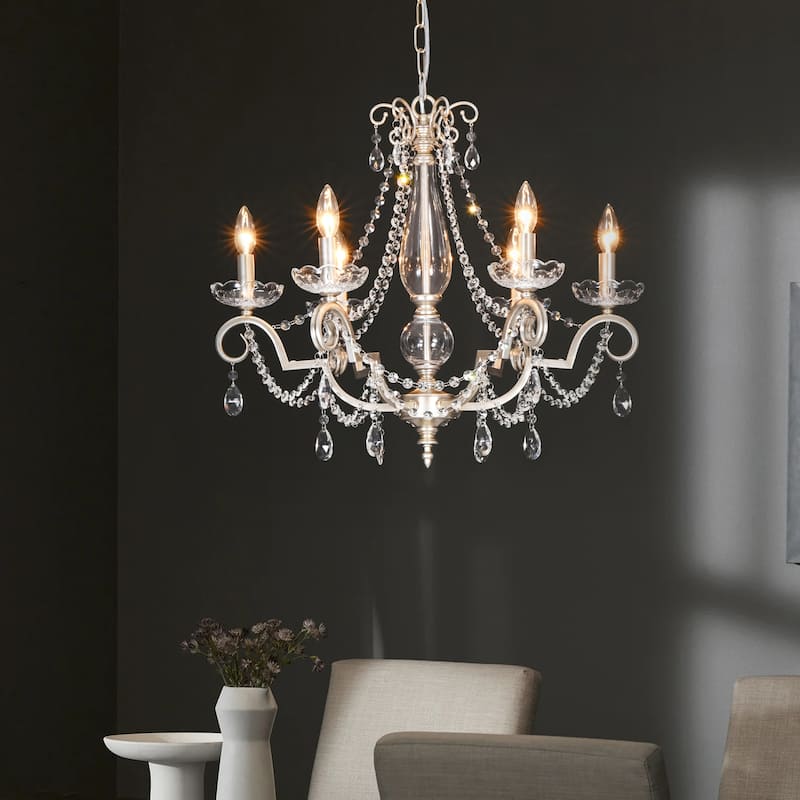 25.2" W Modern Luxury Crystal Beaded 6-Light Chandelier with Vintage Silver Finish and Candle Arms