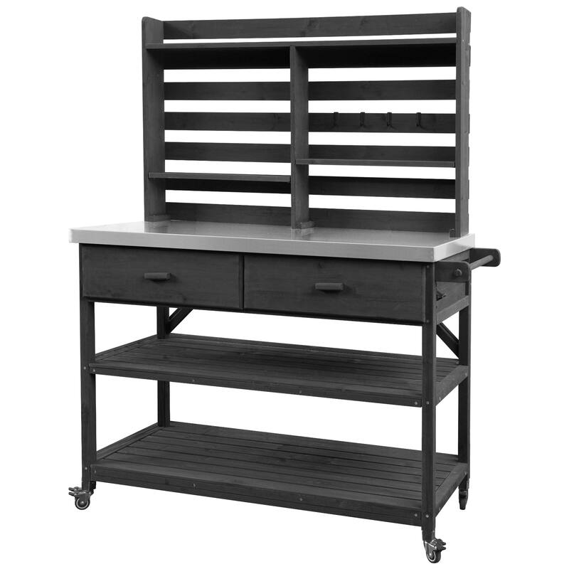 64.9"H Outdoor Potting Table with Lockable Wheels,Solid Wood Kitchen Island with Upper Hutch,Stainless Steel Top,Towel Rack